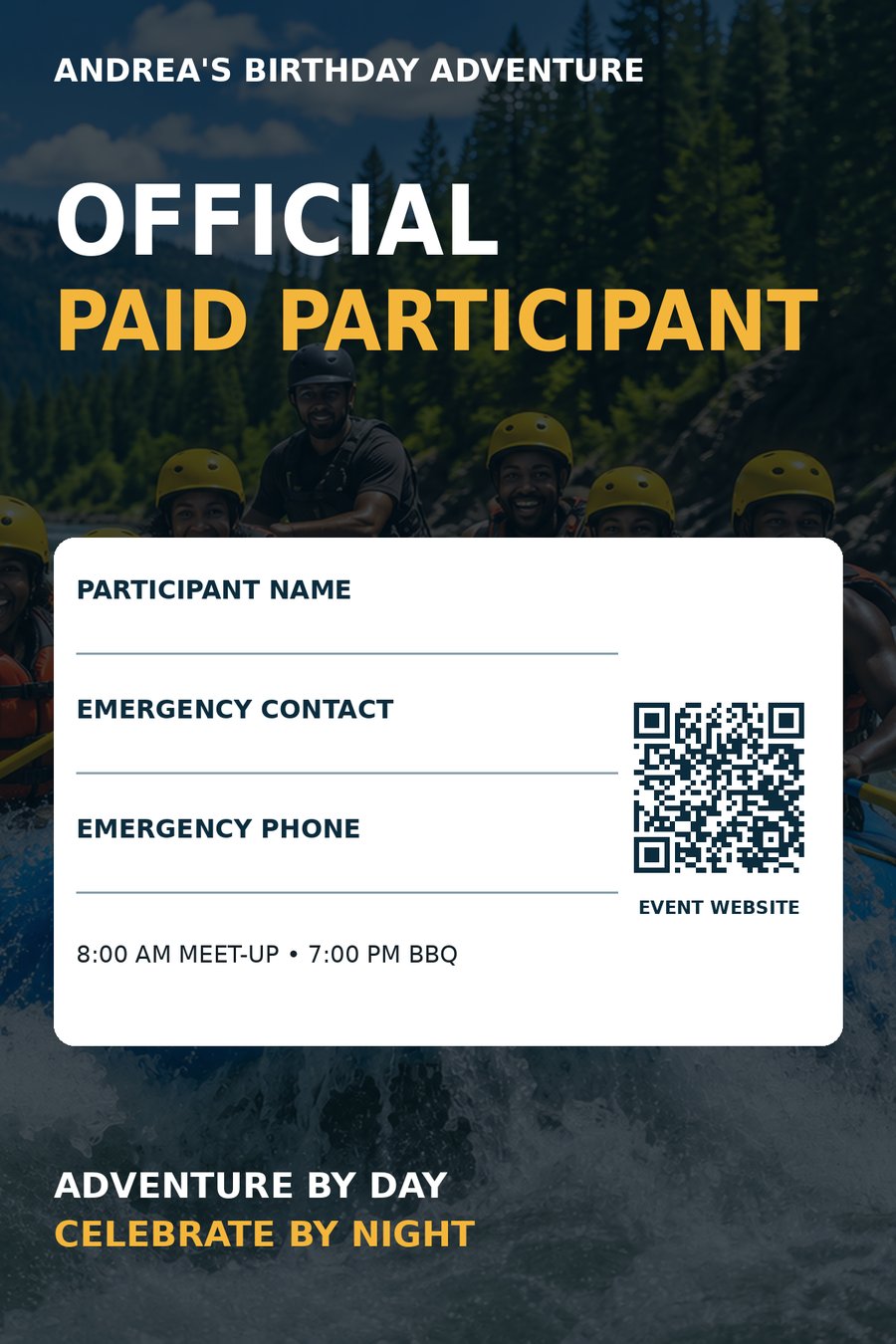 Official Participant badge showing the birthday crew rafting, with blank lines for participant name, emergency contact, and emergency phone, plus a QR code to the event website.