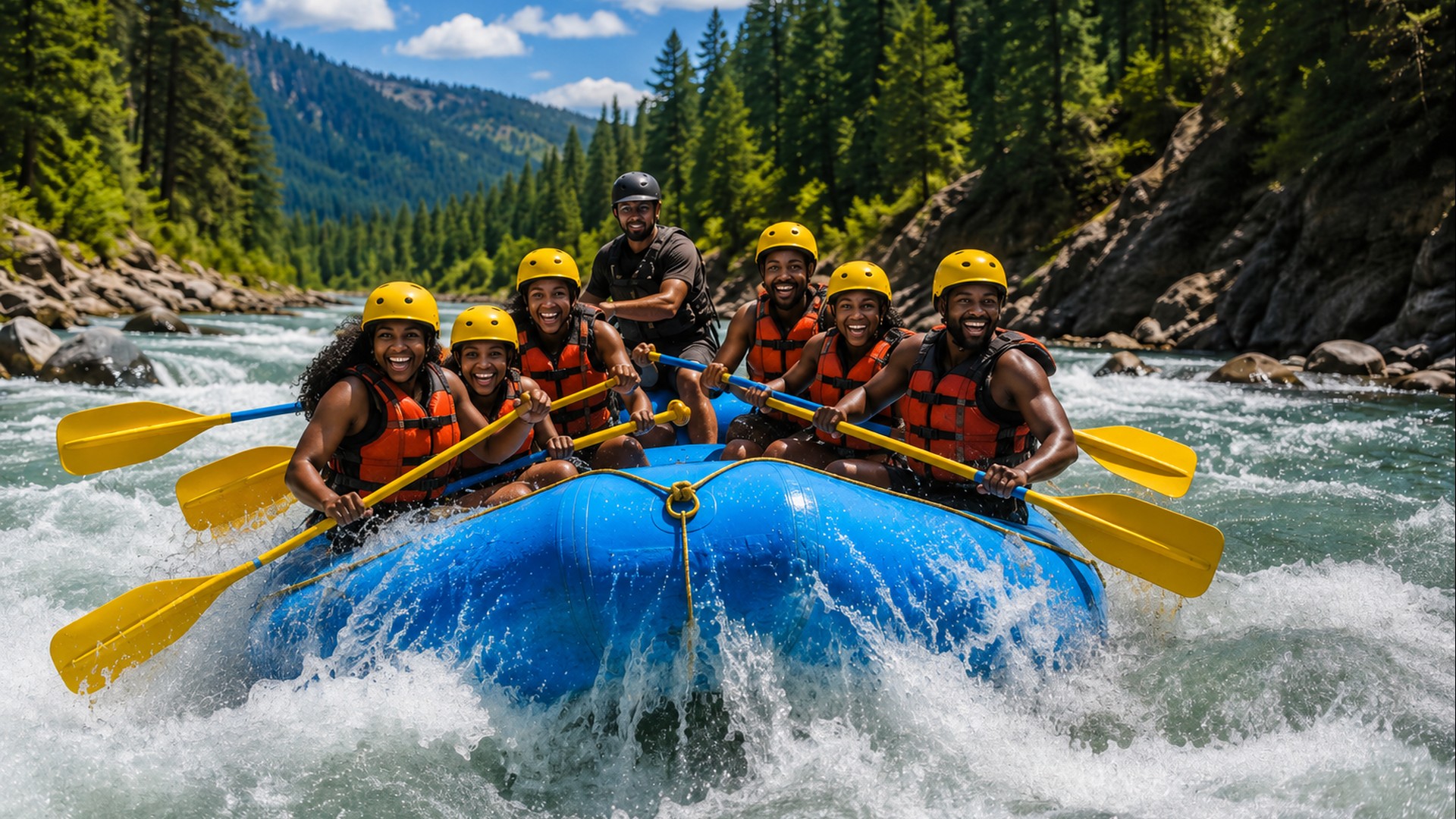 A joyful group of Black adults wearing helmets and life jackets paddles a blue raft through whitewater rapids in a forested mountain canyon.