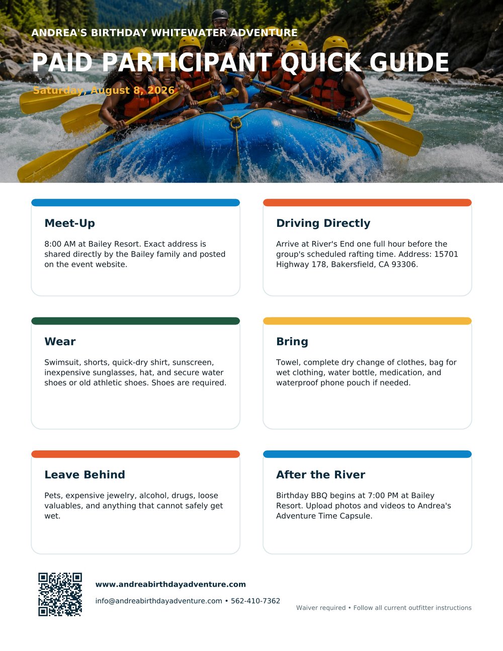 Paid Participant Quick Guide, a single page covering meet-up, driving directly, what to wear, what to bring, what to leave behind, and after the river.