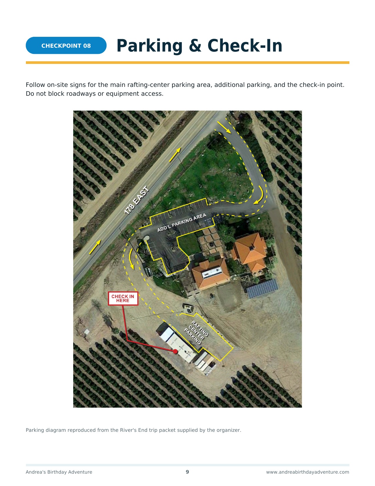 Aerial parking diagram of River's End Rafting showing Highway 178 East, the additional parking area, the rafting center parking, and the check-in location.