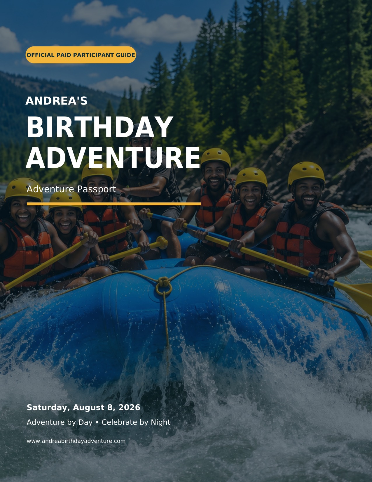 Cover of the Adventure Passport showing the birthday crew rafting through whitewater, headed Andrea's Birthday Adventure, Saturday August 8, 2026.