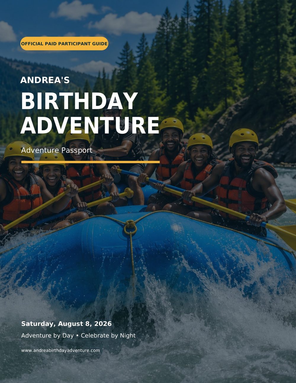 Passport cover: Andrea's Birthday Adventure, Adventure Passport, Saturday August 8 2026.