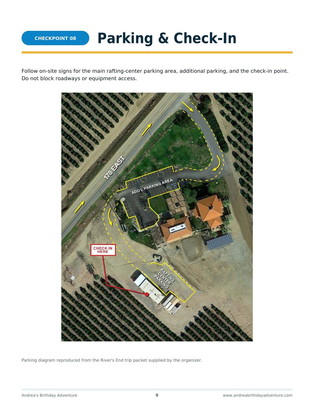 Checkpoint 08, Parking and Check-In: aerial diagram of the rafting center.