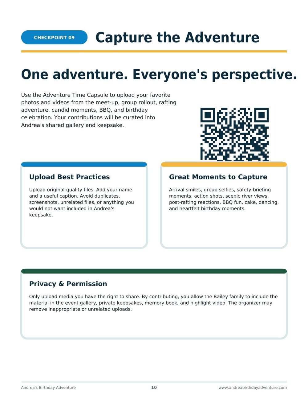 Checkpoint 09, Capture the Adventure: upload best practices and QR code.
