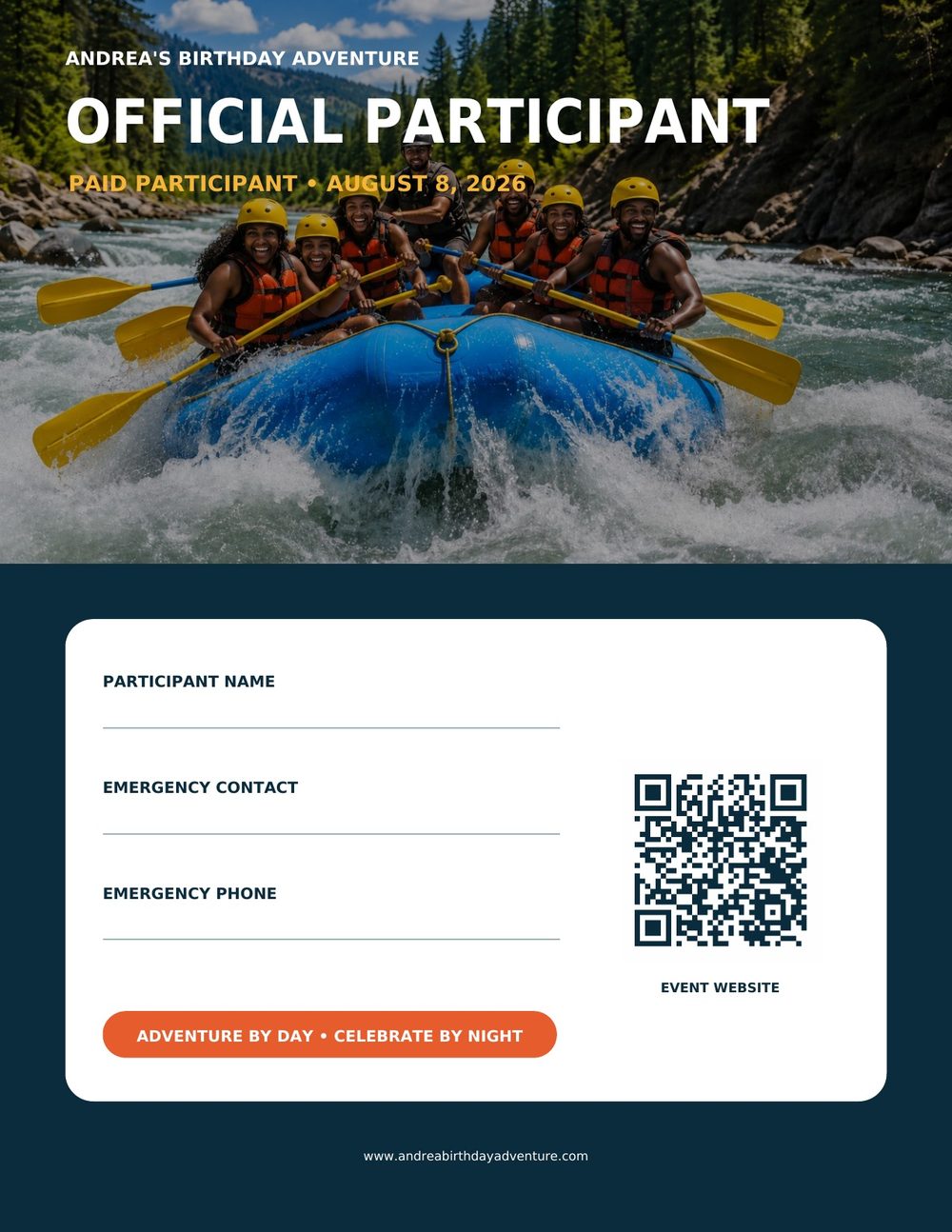 Official Participant credential page with blank name and emergency contact lines.